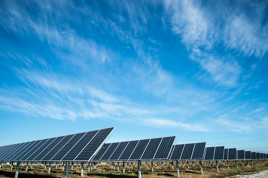 Solar panels under a clear blue sky