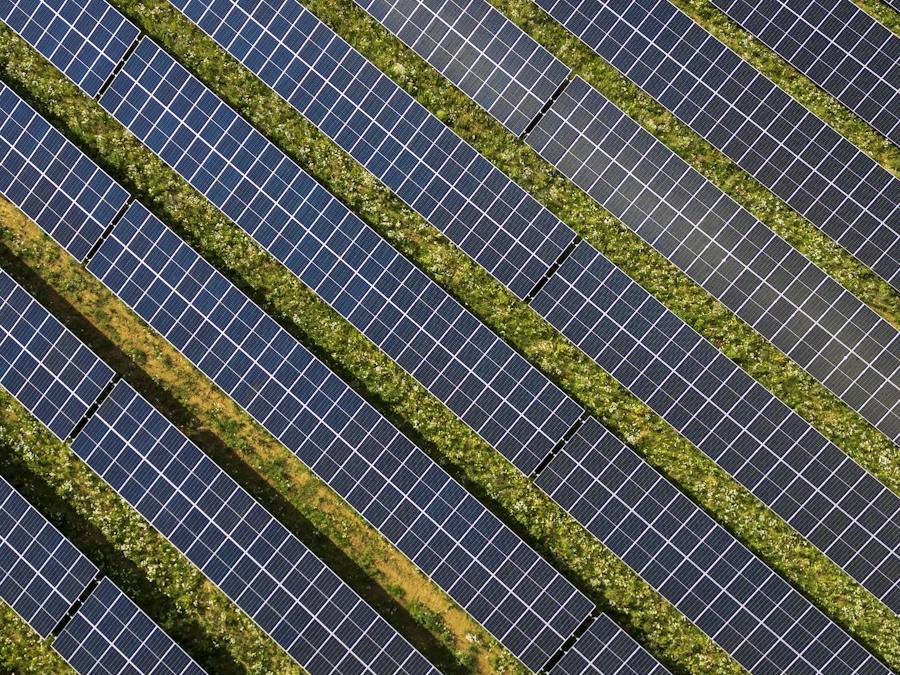 Aerial view of solar panel rows in a green field, representative image